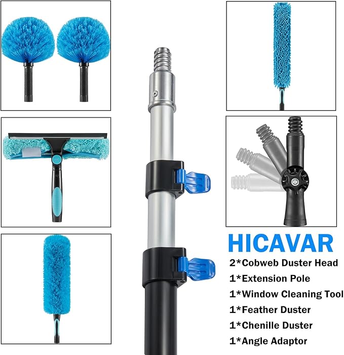36 Foot High Ceiling Fan, Cobweb Duster with 5-30ft Extension Pole | Extendable, Reusable Feather, Window Cleaning Squeegee Kit