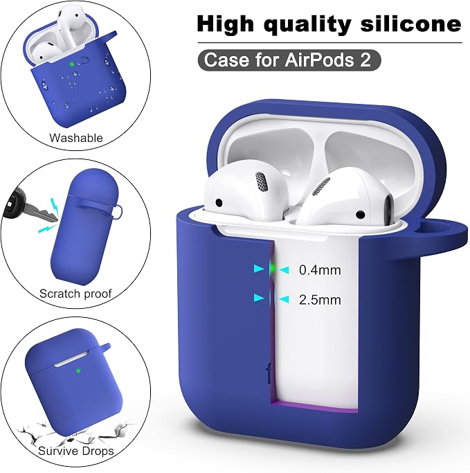 R-fun for AirPods 1/2 Case, Soft Silicone Protective Cover with Keychain and Cleaning Pen, Compatible with AirPods 2nd/1st Generation (2016/2019), Full Drop Protection Cover, Blue