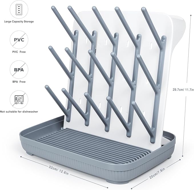 Termichy Baby Bottle Drying Rack: Large Vertical Bottle Dryer Rack Holder - Space Saving Standing Drying Rack for Baby Bottles and Pump Part Cleaning (Gray)