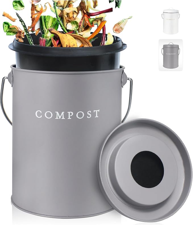 FINESSY Countertop Compost Bin with Lid Small, Indoor Kitchen Composter | 1.3 Gallon Stainless Steel Compost Bin Kitchen With Removable Inner Bucket & 2 Carbon Filters. Dishwasher Safe Composting Bin