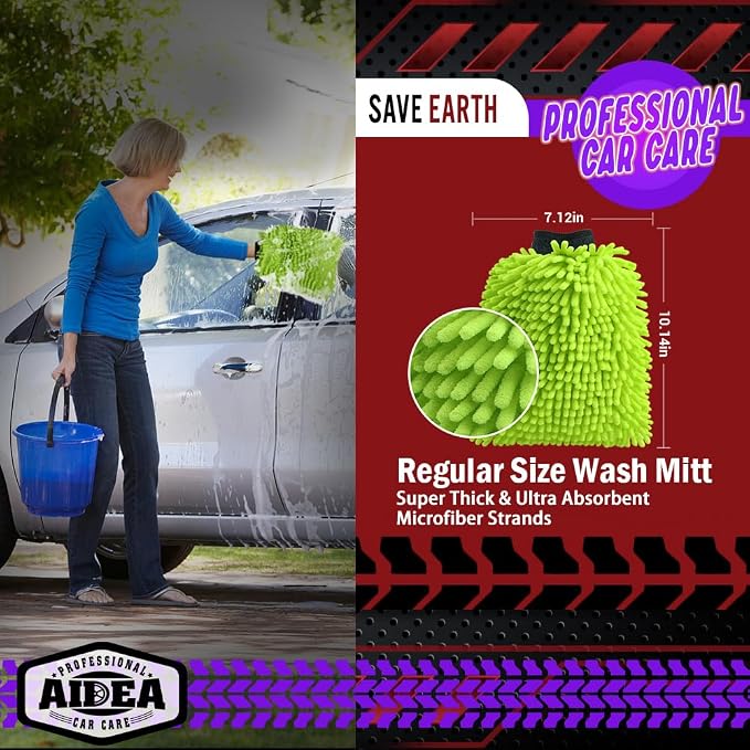 AIDEA Car Wash Mitt Microfiber, 4PK, Car Wash Brush, Green, 7.12''X10.14'' | Scratch Free Lint-Free, Premium Chenille Microfiber Mitt, Cleaning Supplies, Regular Size