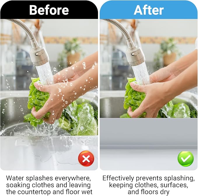 19.3 inch Kitchen Sink Splash Guard, Silicone Sink Baffle Splash Guard, Backsplash Protector for Kitchen Countertop & Bathroom Bathtub with Non-Slip Strong Suction, Gray