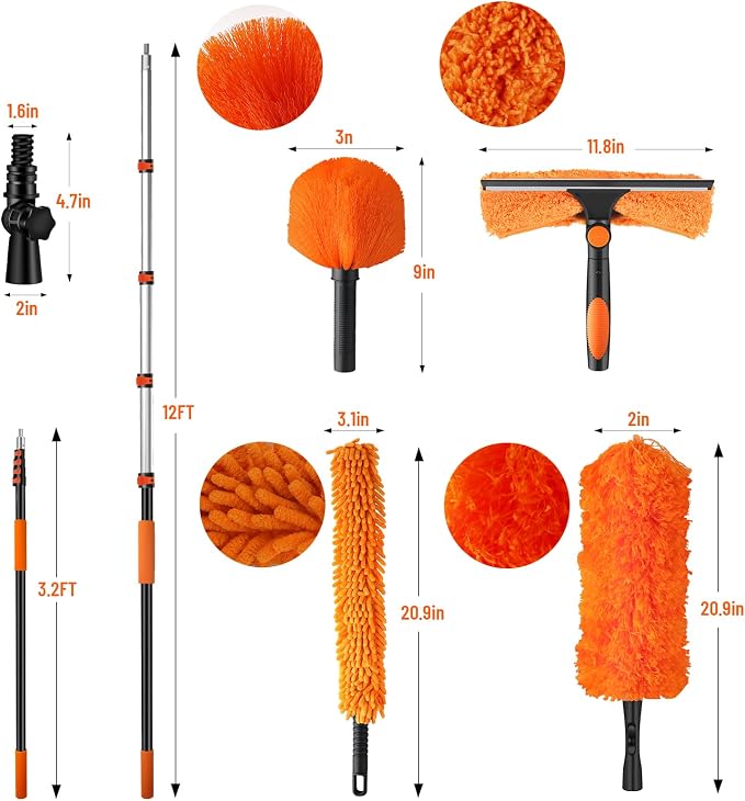 20ft High Reach Duster Kit with Extendable Pole,High Ceiling Duster Kits | Includes Ceiling Fan Blade Cleaner, Cobweb Remover, Bendable Duster, Microfiber Glass Scrubber&Squeegee(Extension pole:5-12ft