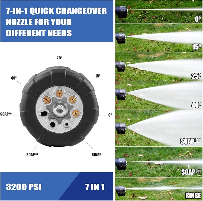 Pressure Washer Nozzle, 7-in-1 Quick Changeover Nozzle, Adjustable Pressure Washer Nozzle with 1/4 Inch Quick Connect, 3200 PSI Spray Nozzle