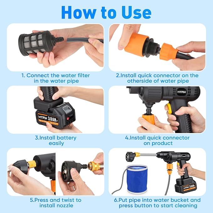 Portable Cordless 600PSI Pressure Washer, 6-in-1 Nozzle with Jet Nozzles | 21V 2x3.0Ah Batteries Handheld Car Powered Washer with Battery Level Display for Car Floor Wall Fence Garden Cleaning