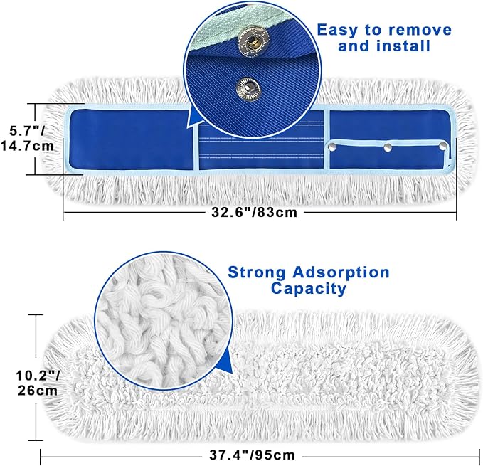 36" Dust Mop Replacement Pad: 2 Pack | Fit 36" Commercial Dust Mop/Broom, Durable Thick Washable Cotton, Dry Mop Head, For Hardwood Tile Schools Offices Industrial