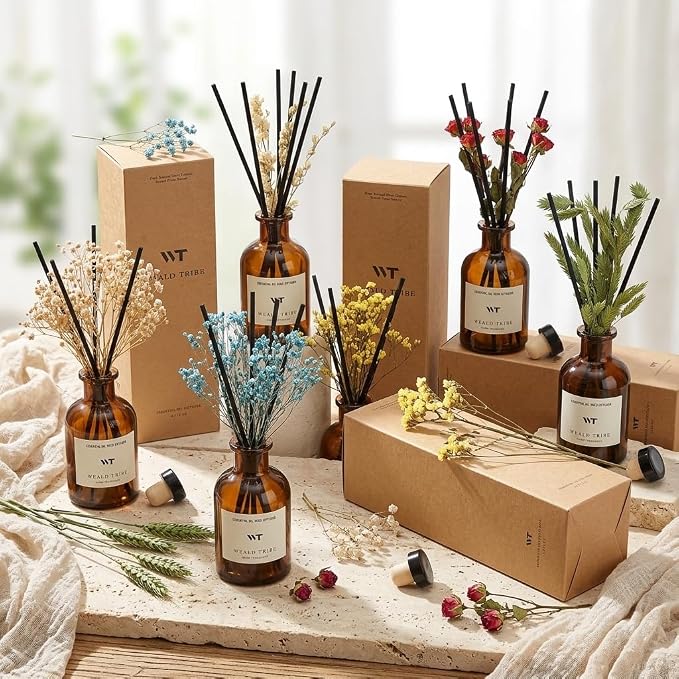Flower Reed Diffuser Set Ocean Mist & Sea Salt Scent for Bathroom Air Fresheners | 4.0 fl oz Essential Oils with Sticks Home Fragrance Defusers | House Bedroom Office Shelf Decor & Gift