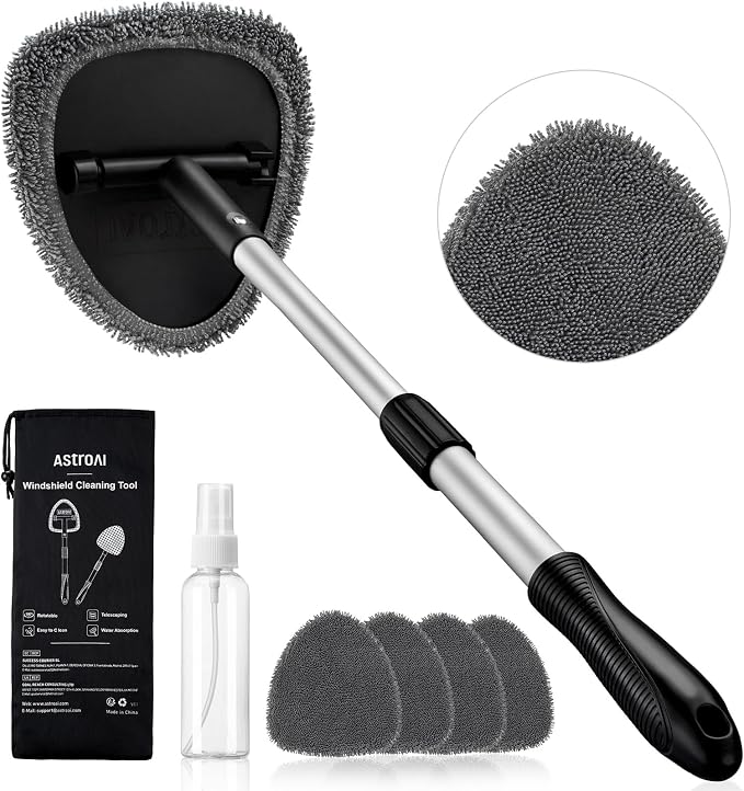 AstroAI 26" Super-Long Windshield Cleaner Tool & Car Interior Detailing Kit | Extendable Handle, 4 Reusable Microfiber Pads, Streak & Lint-free, Auto Glass Wiper Brush for Car & Home, Gray