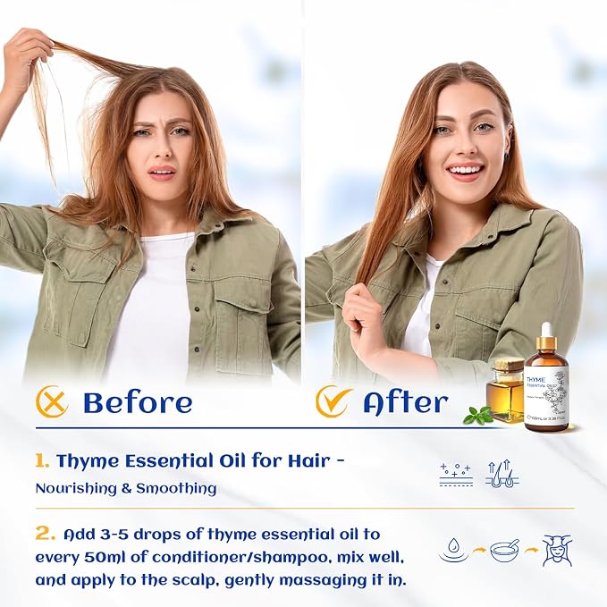 HIQILI Thyme Essential Oil for Skin Flare Care, DIY Spray, Diffuser | With 10ml Travel Dropper Bottle, Aromatherapy Diffuser, Hair, Skin Care & DIY Fragrance - 100ml / 3.38 Fl Oz