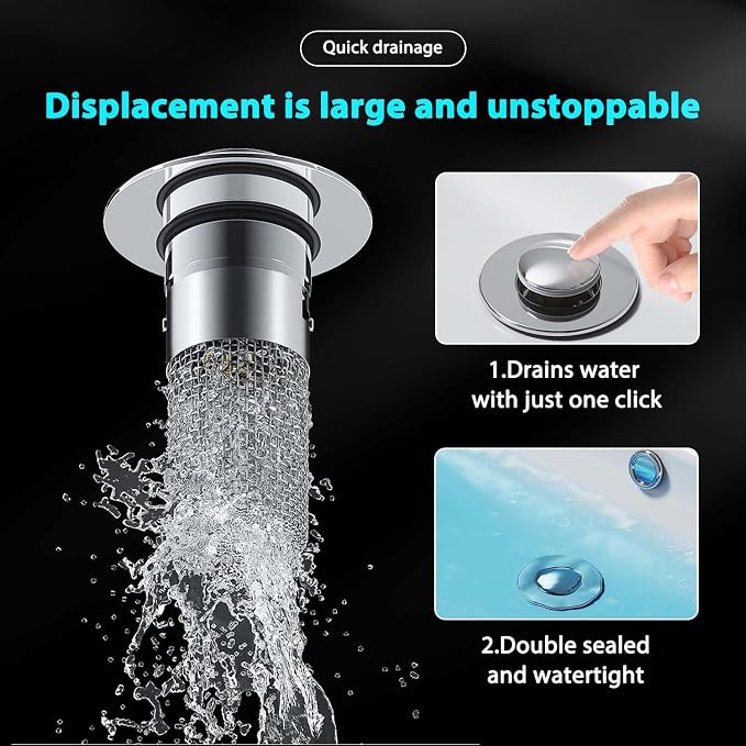 Bathroom Sink Stopper Hair Catcher, Pop Up Drain Plug with Strainer and Filter Basket, Universal Replacement Cover, 2 Pack