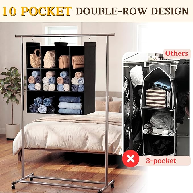 3 Tier Hanging Closet Organizer, 10 Compartments Dual Row Storage, Black | Closet Organizers and Storage with Large & Small Pockets, 3 Sturdy Hooks Support Heavy Loads, for Dorm, RV, Garment Rack
