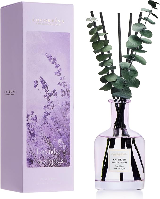 Lavender Eucalyptus Reed Diffuser, 6.76 oz | Real Dried Eucalyptus Leaves, 8 Reeds, Long-Lasting Essential Oil, Home Fragrance, Bedroom or Bathroom Décor