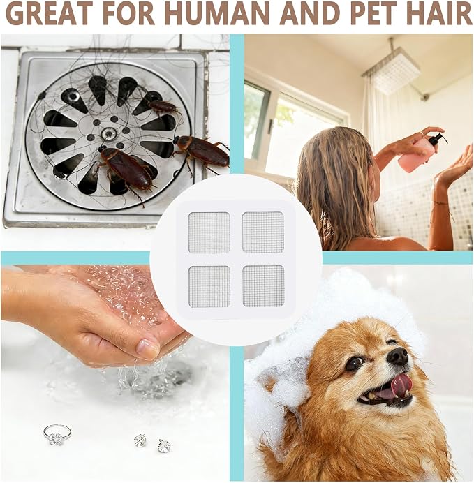Shower Drain Hair Catcher 30 Pack for Disposable Drain Covers | 4 inch white mesh, bathroom sink strainer, bathtub water filter, waterproof adhesive backing, kitchen laundry plug hole