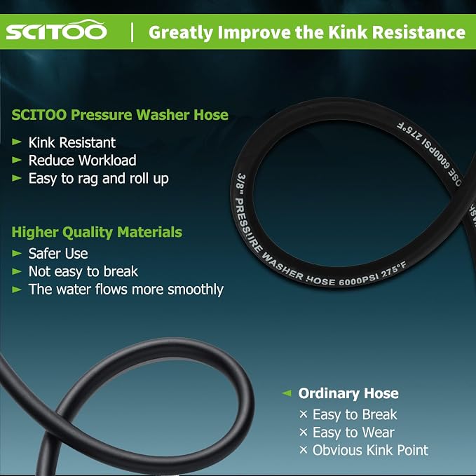 SCITOO 3/8" Pressure Washer Hose 50ft 6000psi 2-Braid Black Hot Water Pressure Washer Hose