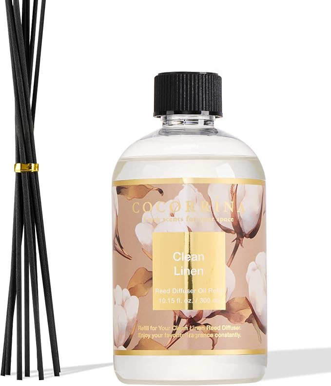 Reed Diffuser Refill Clean Linen 10.14oz (300ml) with 8 Sticks - Premium Long-Lasting Floral Essential Oil, Home Fragrance for Bedroom, Bathroom Home Decor