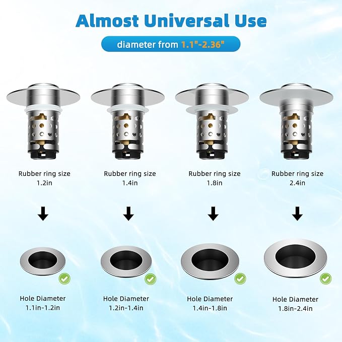 Universal Bathroom Sink Drain Stopper Hair Catcher, Chrome | Upgraded with 2-Layer Detachable Filter Basket, 4 in 1 Pop Up Drain Strainer, Anti-Clog, Fit for 1.1''~2.36'' Sinks
