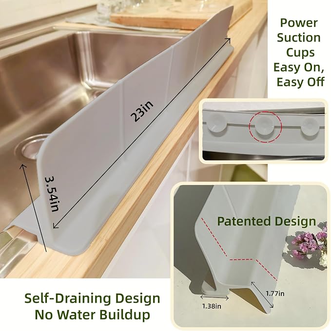 Sink Splash Guard for Kitchen, Splatter Screen & Silicone Water Guard with High Wall, Sink Edge Protector and Backsplash Guard, Easy to Install and Clean for Faucet and Countertop Area (Gray, 23")