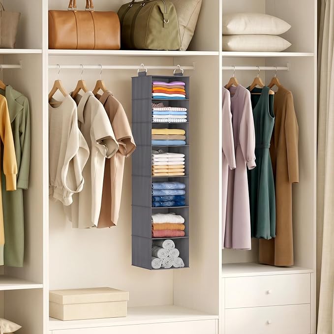 Lifewit 7 Tier Hanging Portable Closet Storage Organizer for Shelves, Black | Foldable Clothes Shelf with 2 Sturdy Hooks, Sweater/Coat/Shoes Clothing Organization for Wardrobe, Dorm, Bedroom