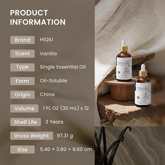 HIQILI Vanilla Essential Oil Set, Value Pack for Family, Business Supply | Bulk for SPA, Hotel, Home, Car Fragrance, Candle Soap Making Scent, Handmade DIY Crafting Material - 1 fl oz (12 Pack)