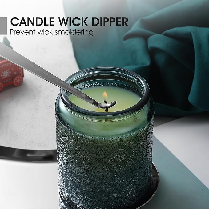 PATOISE 4 in 1 Candle Accessory Set, Candle Wick Trimmer Cutter, Candle Snuffer, Candle Wick Dipper Mini, Tray Holder in Gift Package for Candle Aromatherapy Lovers(4PCS Silver)