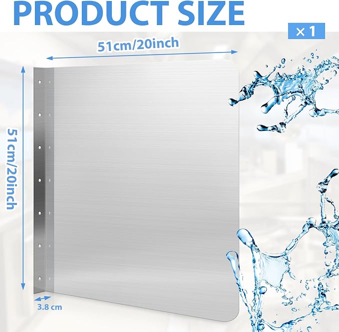 Amylove 20 x 20 Inch Stainless Steel Splash Guard Stainless Steel Wall Mount Guard with Screws Screws for Bathroom Sink Side Sink Splash Prep Sinks Protector for Commercial Kitchen Restaurant