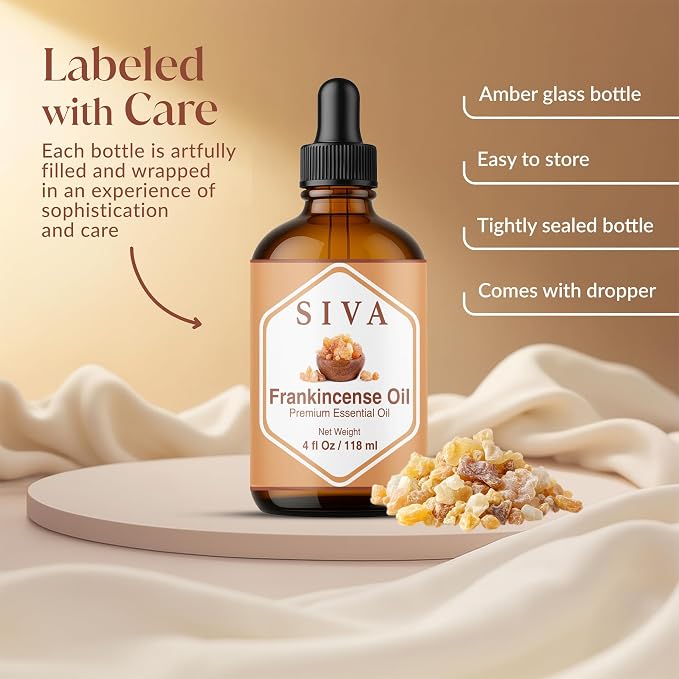 Siva Frankincense Essential Oil with Dropper, 4 Fl Oz (118 ml) | Frankincense Oil for Diffuser, Humidifier, Skin, Body, Perfume, Home Fragrance, Incense, Bath, Soap, Candle & DIY Projects
