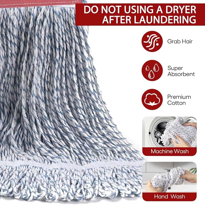 Matthew Cleaning Looped-End Pack of 12 Cotton,1.25'' Universal Headband Heavy Duty Commercial Mop Head Replacement for Indoor&Outdoor Use,Grease Stain Floor Cleaning String Mops Head Refill