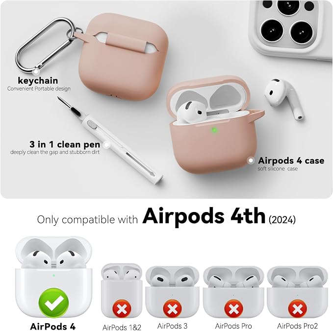 for AirPods 4 Case 2024 with Cleaner Kit & Keychain-Brown | Silicone Protective Cover for Apple AirPods 4th Generation Case,for Women Men,One-Piece Design,Shockproof,Dust Proof