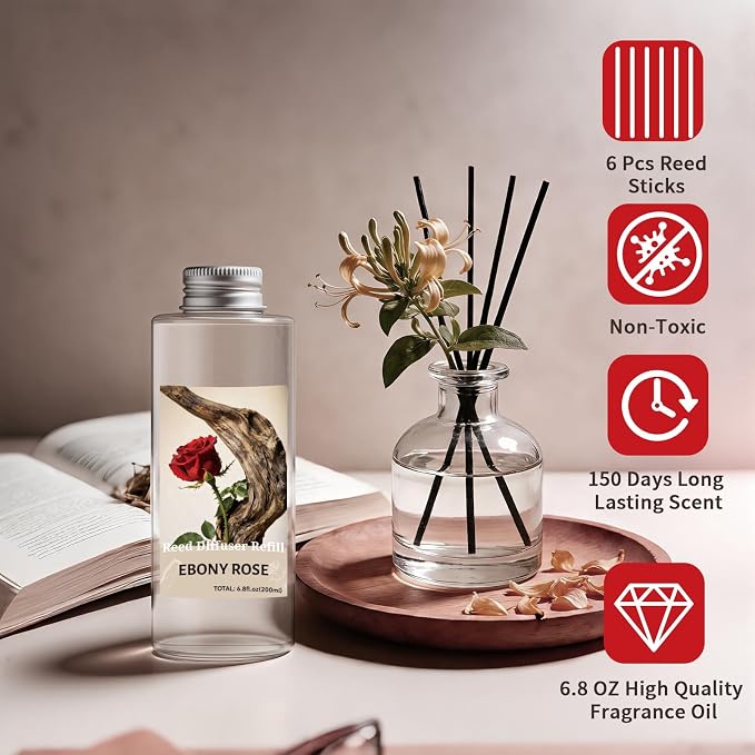 STRN Reed Diffuser Oil Refill, Ebony Rose Scented Diffuser 200ML | Summer Long-Lasting Fragrance for Living Room, Bedroom, Office, Home Décor