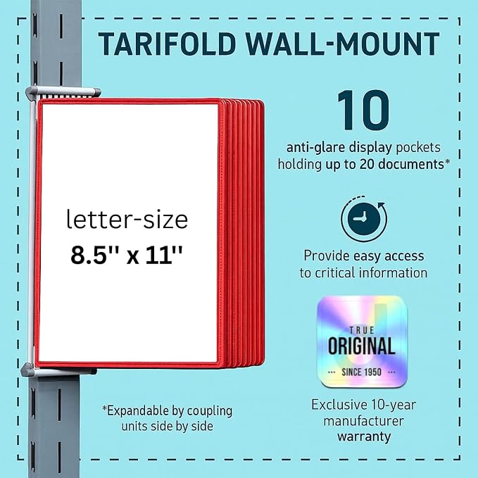 Tarifold Wall Mount Reference System, 10 Pockets, Expandable, Red | 10 double-sided PVC pockets hold 20 letter-size sheets, sturdy wall-mount bracket, snap-on index tabs, easy to install