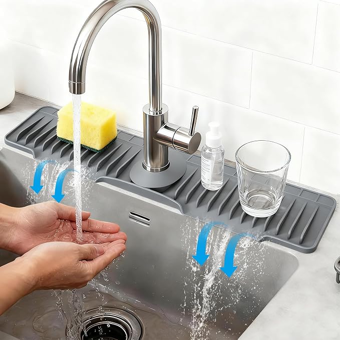 24" Silicone Faucet Mat for Kitchen Sink Released in 2025/12TH,8° Slope Fast Self-draining, Bathroom Kitchen Sink Area Water Splash Guard Behind Faucet Draining Dark Grey