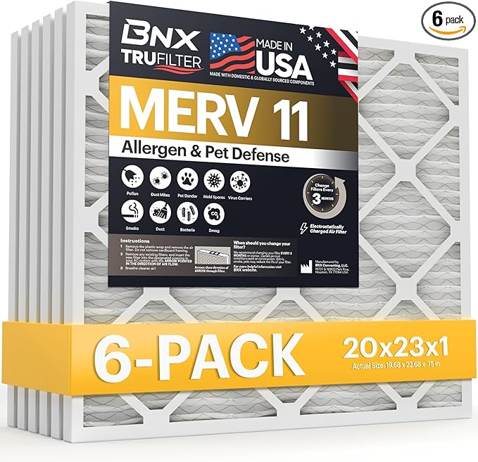 BNX TruFilter 20x23x1 Air Filter MERV 11 (6-Pack) - MADE IN USA - Allergen Defense Electrostatic Pleated Air Conditioner HVAC AC Furnace Filters for Allergies, Dust, Pet, Smoke, Allergy MPR 1200 FPR 7