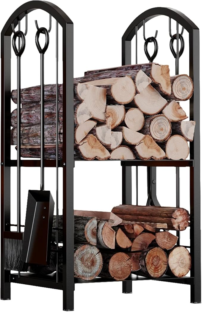 Fire Beauty Fireplace Firewood Log Rack 5-Piece Storage Logs Holder with Tools Set with 4 Tools Set Fireside Holders Wood Lumber Storage Stacking Black