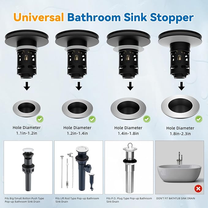 Universal Metal Bathroom Sink Stopper, Pop-Up Hair Catcher Strainer, Black | Large Cover Cap, Sink Drain Strainer with Detachable Double Filter, Drain Plug Fits 1.1"-2.36" US Basin, Brass Bounce Core