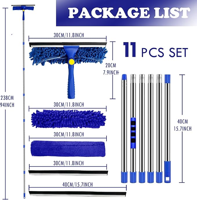 Window Squeegee Cleaner Tool Set,3-in-1 Window Cleaning Kit with 94" Long Extension Pole,Rotatable Bendable Window Washing Kit with 2 Blade 2 Scrubber for Home Car Glass Window Cleaning (11Pcs,Blue)