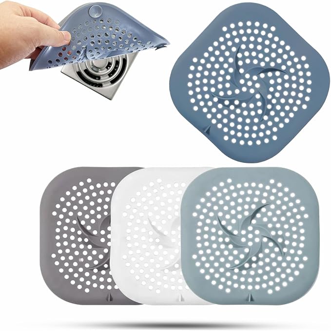 Drain Cover with Suction Cups, 5.9" Flat Square Strainer for Shower, Bathroom, Sink, 4 Pack