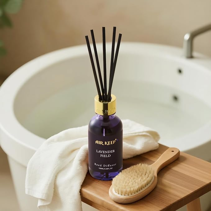 Reed Diffuser Set, 3.38 fl oz (100 ml) - Lavender Field Oil Diffusers with 8 Reed Sticks, Home Fragrance Reed Diffuser for Bathroom Shelf Decor