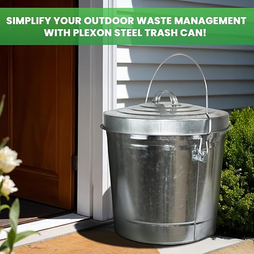Plexon 6 Gallon Small Metal Trash Can with Locking Lid Galvanized Metal Bucket with Lid for Poultry Feed Bird Seed Storage Ash Outdoor Garbage Trash Bin 2 Pack