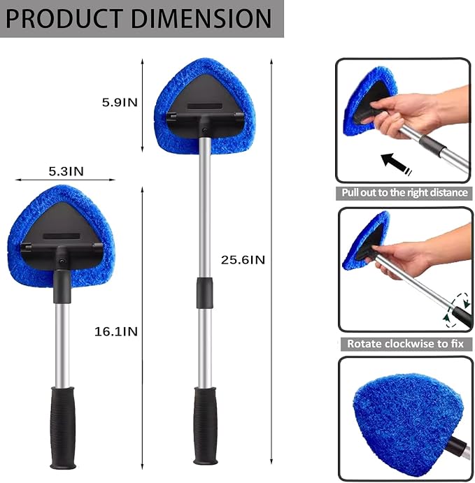 Car Windshield Cleaning Tools, Expandable Car Window Cleaner kit with 4 Reusable Microfiber Pads, 2 Spray Bottles, Windshield Cleaning Wand Tool, Auto Interior Dust Brush, for Trucks, SUVs, RVs etc