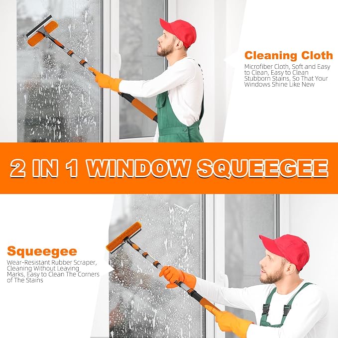 SISUPASSIE 30FT Reach 2-in-1 Window Squeegee, Professional Window Washing Kit with 5-24FT Extension Pole for Home, Indoor Outdoor Squeegee with Rotatable Head for High Windows