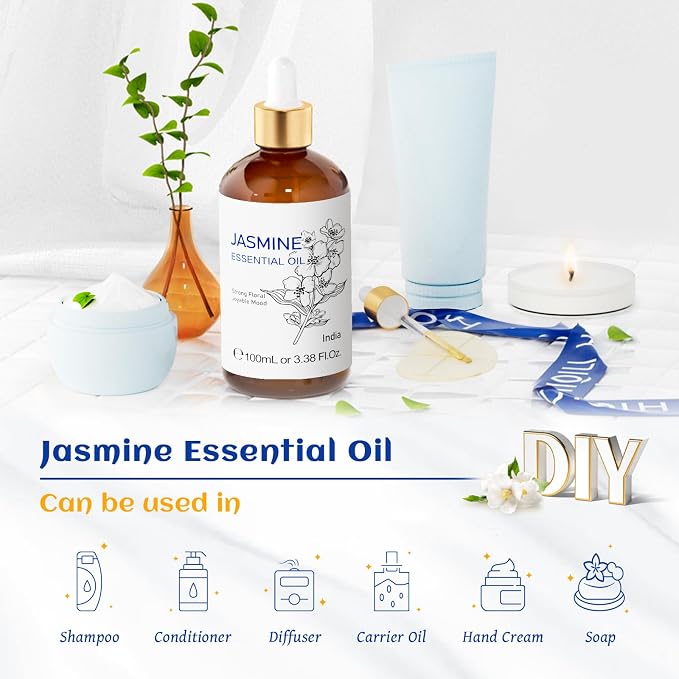 HIQILI Jasmine Essential Oil for Diffuser, Skin, Perfume & Aromatherapy | Soft Floral Scent For Massage, Nourish Hair & Complexion, Ideal For Diffuser & DIY Fragrance - 100mL / 3.38 Fl Oz