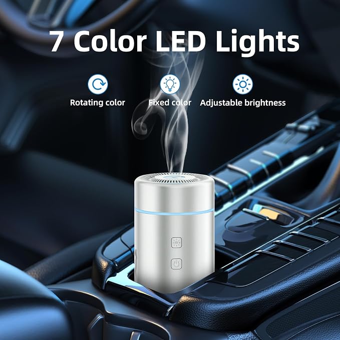SEEDSEEL 100ML Car Essential Oil Diffuser, Rechargeable Battery Powered, Cordless Portable Aromatherapy Diffuser with 7 LED Color Lights 2 Timer Modes for Car Room Home Office (Silver)