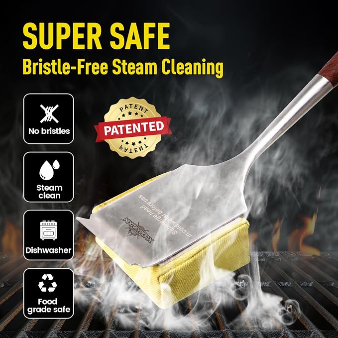 Bristle-Free Steam Cleaning Grill Brush — Features an Extended Luxurious Rosewood Handle and a Unique Wavy pad that Seamlessly fits cast Iron and Stainless Steel grates