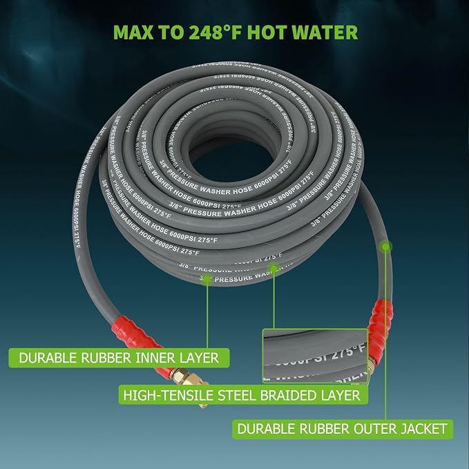 SCITOO 3/8" Pressure Washer Hose 100ft 6000psi 2-Braid Grey Hot Water Pressure Washer Hose