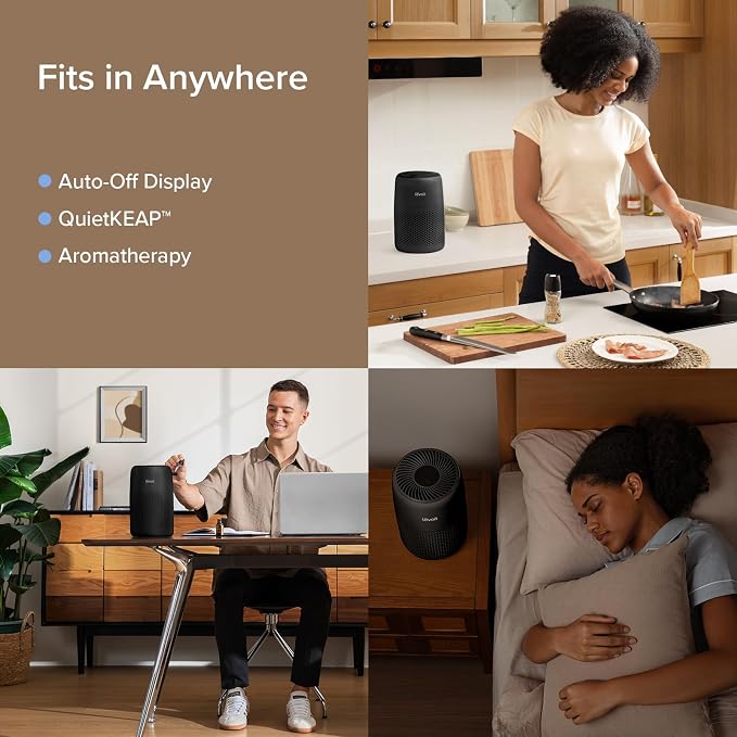LEVOIT Air Purifiers for Bedroom Home Dorm, AHAM VERIFIDE, 3-in-1 Filter Cleaner With Aroma Pad, Filters Smoke, Allergens, Pet Dander, Odor, Dust, Office, Desktop, Core Mini-P, Black