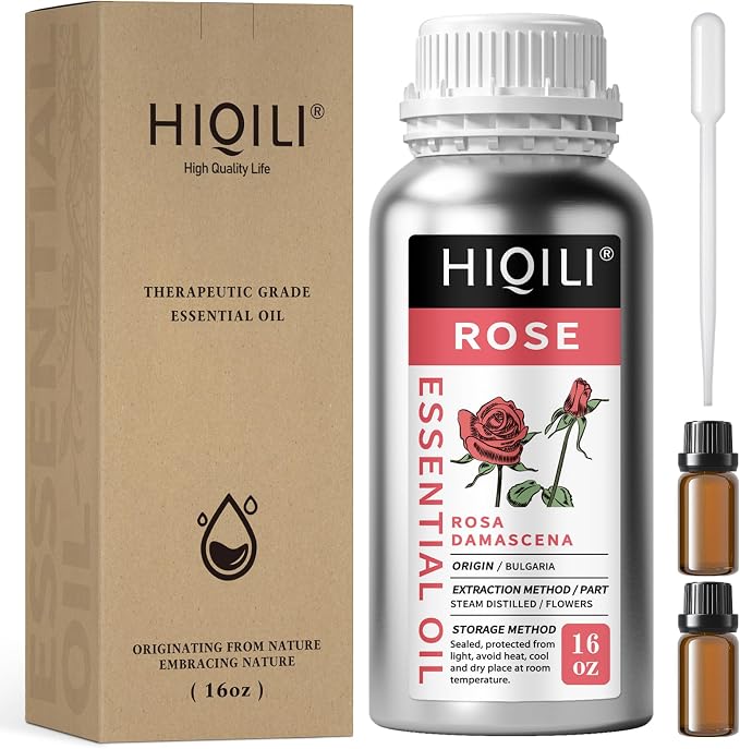 HIQILI Rose Essential Oil Large Capacity for Skin Care & Candle Making | Ideal for Perfume Blending, SPA Massage, Diffuser, Soap DIY, Oil Soluble, Soft Floral Scent - 500mL / 16 fl.oz