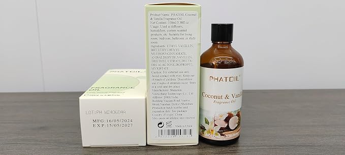 PHATOIL Coconut & Vanilla Fragrance Oil for Diffuser Aromatherapy 3.38FL.OZ | Long Lasting Scented Oils For Humidifier, Air Freshener, DIY Soap Candle, Scent Project Making, Aroma Oil for Home Freshening