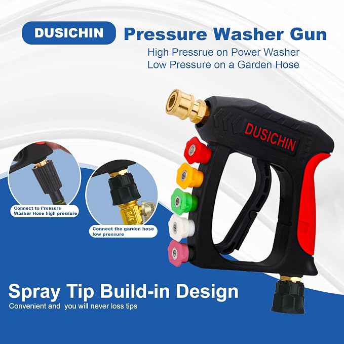 DUSICHIN Power Washer Gun Short Wand With Color-coded Tip Holder on Handle, 5 Tips Car Wash Spray Gun M22-14mm Inlet, High Pressure On Pressure Washers, Garden Hose Adapter for Low Pressure Use