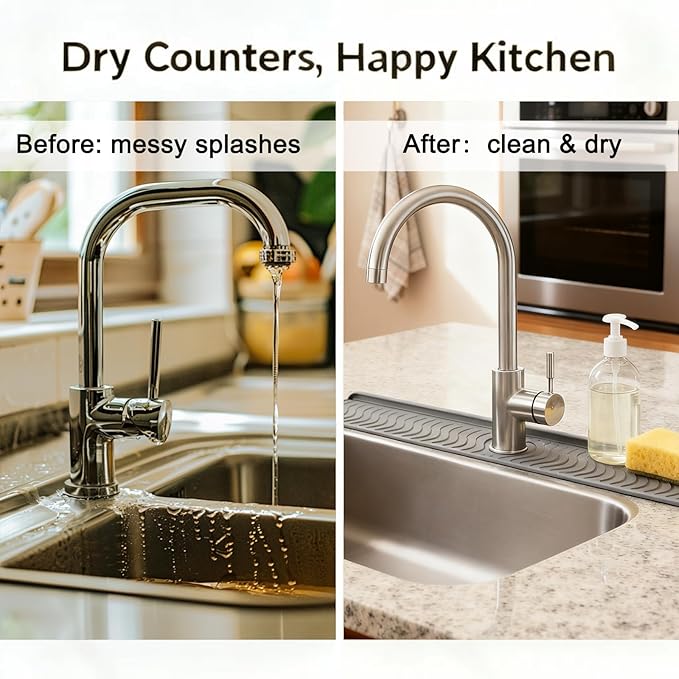 30 Inch Silicone Kitchen Sink Faucet Mat, Adjustable Waterproof Splash Guard Draining Mat Keep Countertops Dry (Black)