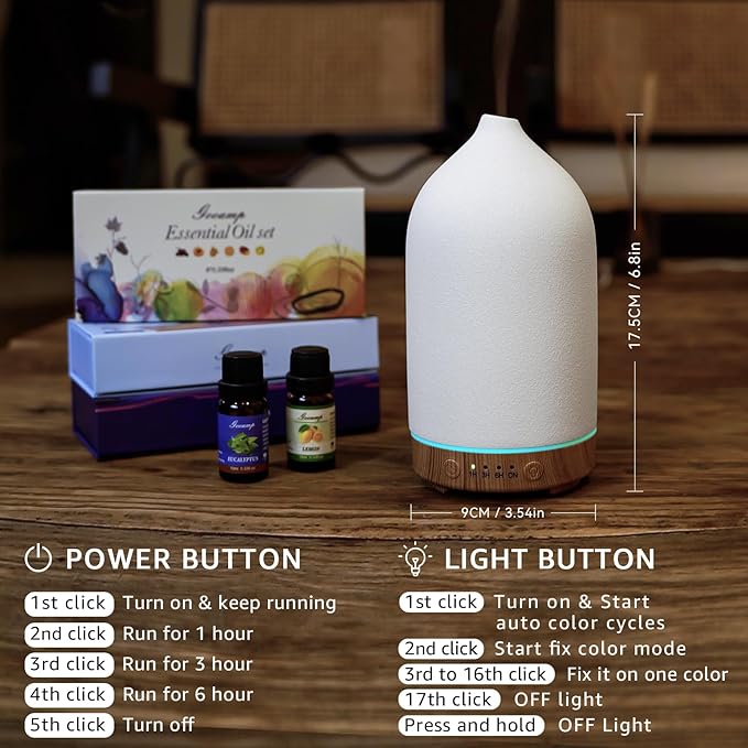 200ML Ceramic Essential Oil Diffuser for Home, Stone Diffuser | Ultrasonic Aromatherapy Diffuser & Air Humidifier for Bedroom, Office, Yoga, 7 LED Lights, Auto Shut-Off, 3 Timers,Wood Grain